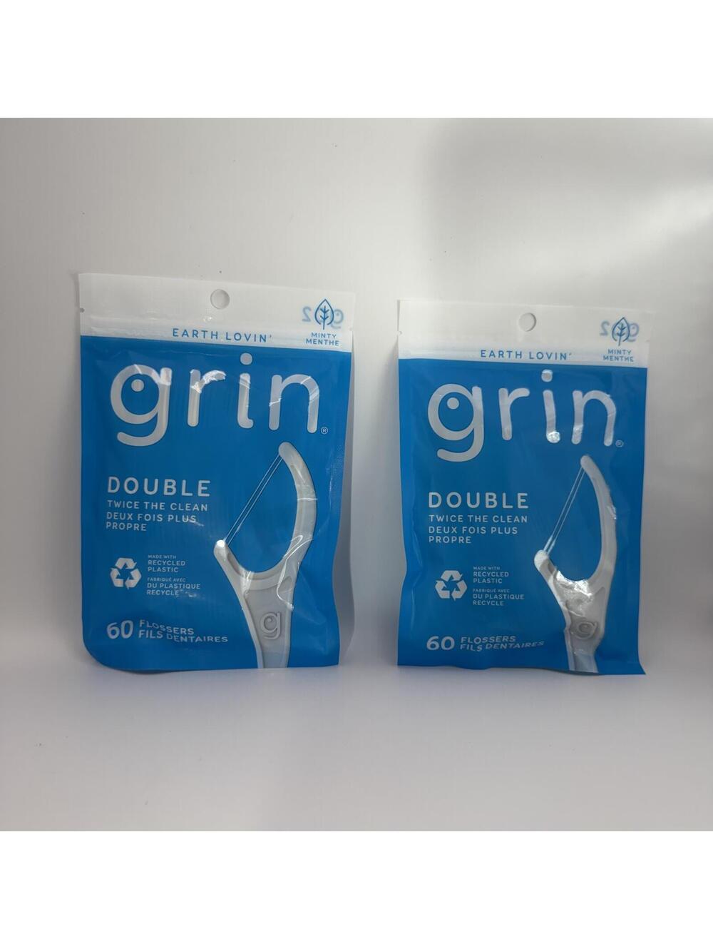 New 2-Pack Grin Minty Double Flossers 120ct Recycled Plastic Dental Floss Picks